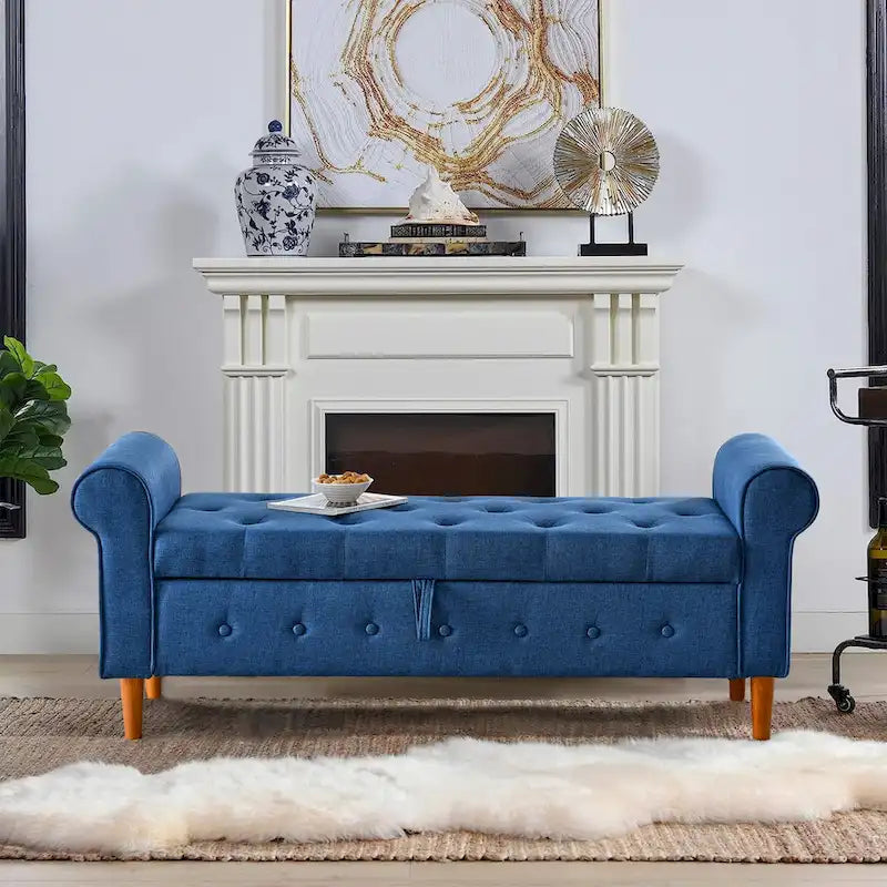 62" Tufted Button Storage Bench Linen Upholstered Ottoman
