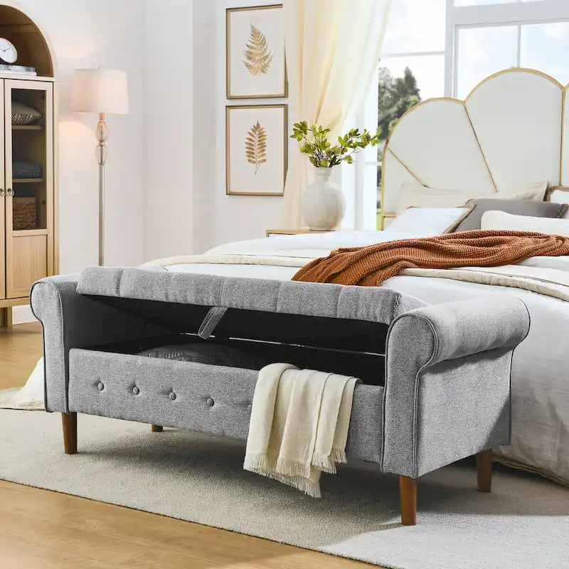 62" Tufted Button Storage Bench Linen Upholstered Ottoman