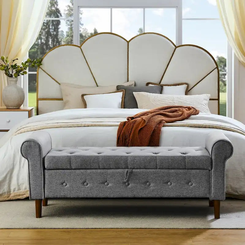 62" Tufted Button Storage Bench Linen Upholstered Ottoman