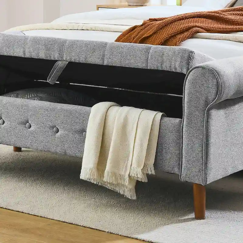 62" Tufted Button Storage Bench Linen Upholstered Ottoman