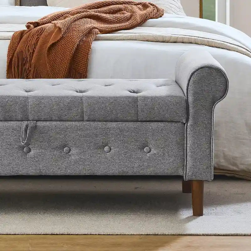 62" Tufted Button Storage Bench Linen Upholstered Ottoman