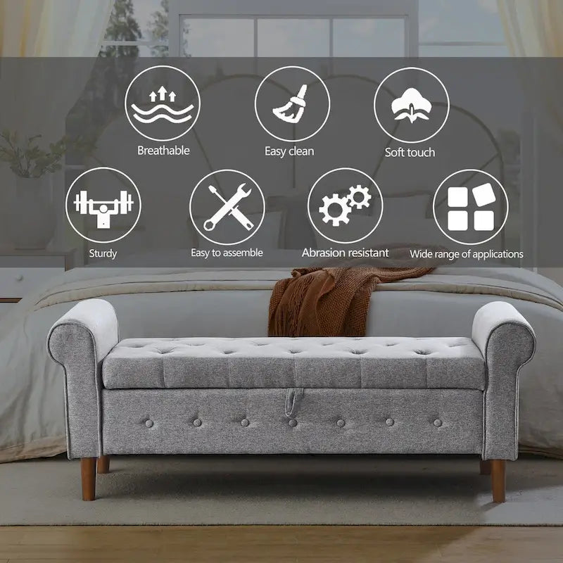 62" Tufted Button Storage Bench Linen Upholstered Ottoman