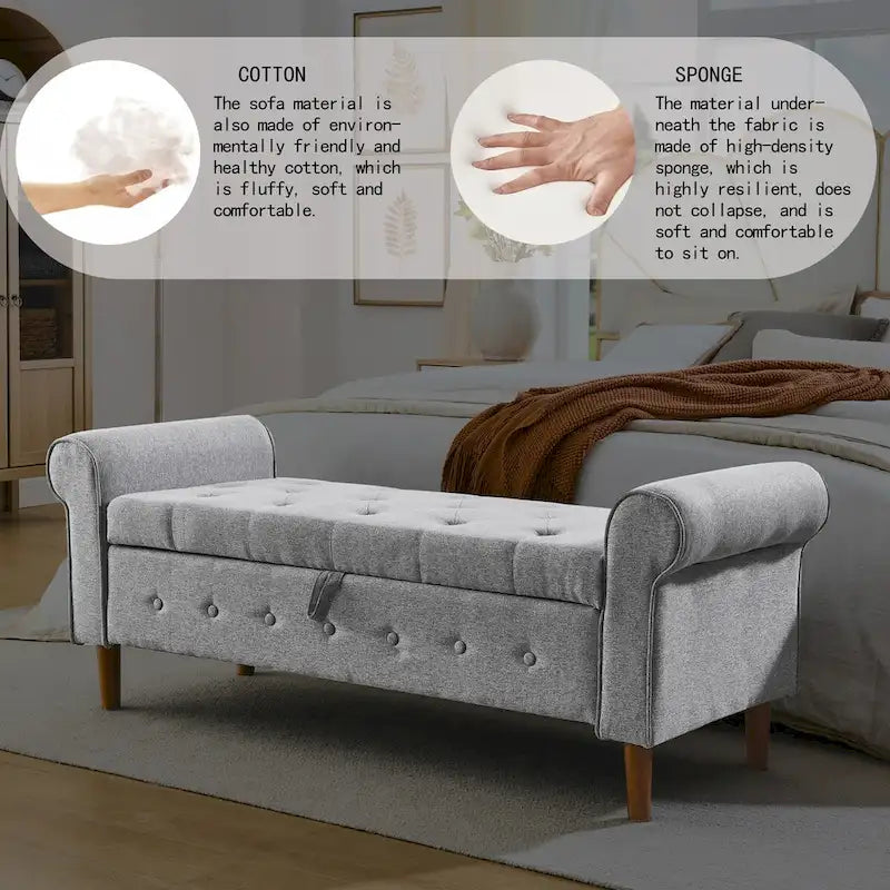 62" Tufted Button Storage Bench Linen Upholstered Ottoman