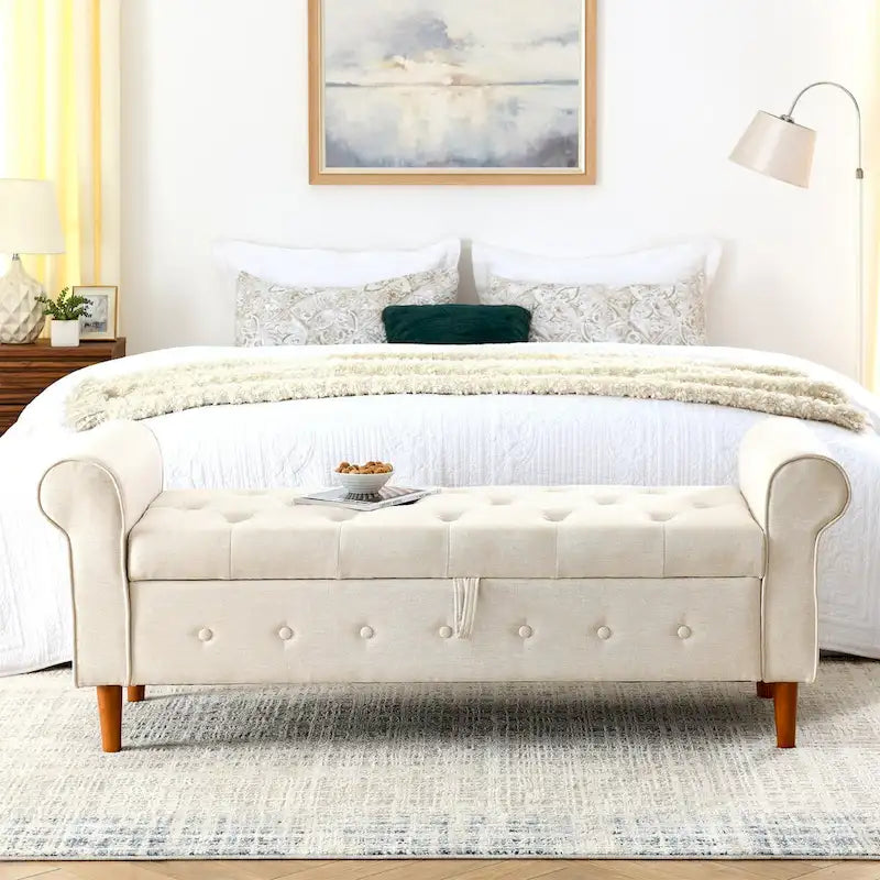 62" Tufted Button Storage Bench Linen Upholstered Ottoman