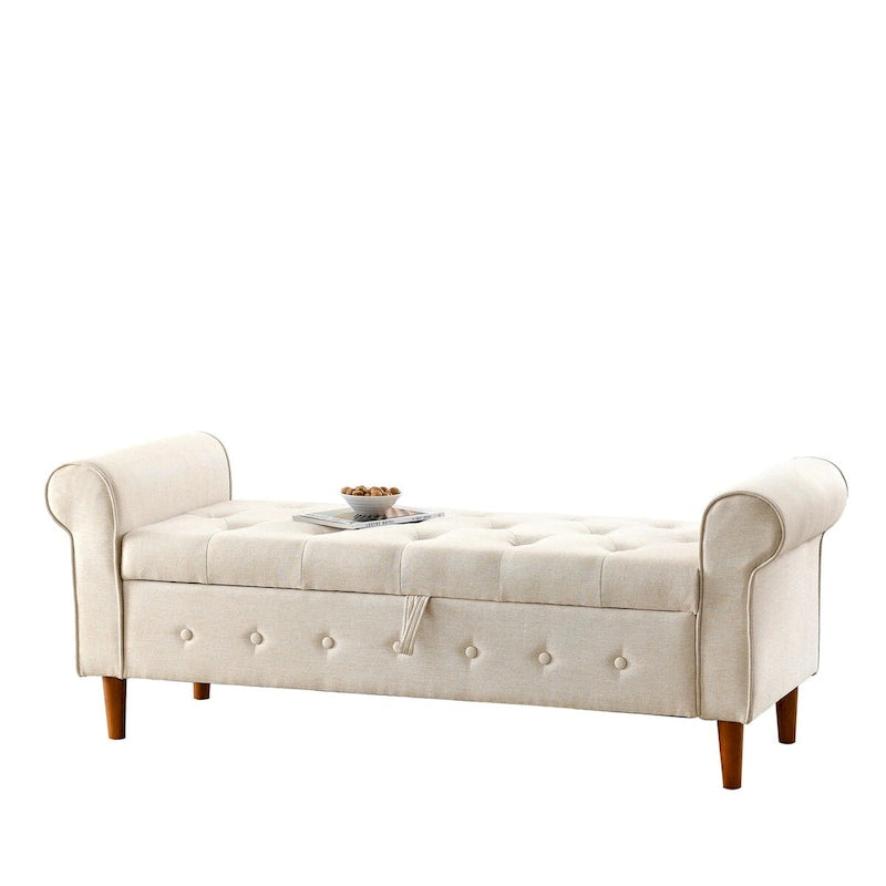 62" Tufted Button Storage Bench Linen Upholstered Ottoman