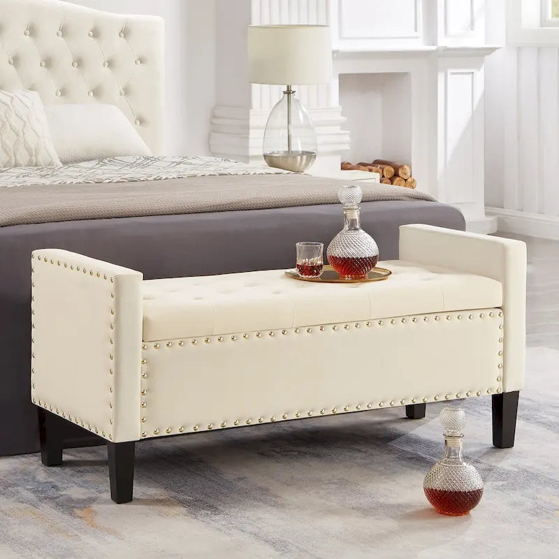 Tufted Storage Bench with Nailhead Trim and Arms