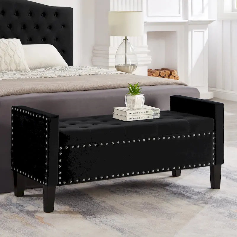 Tufted Storage Bench with Nailhead Trim and Arms