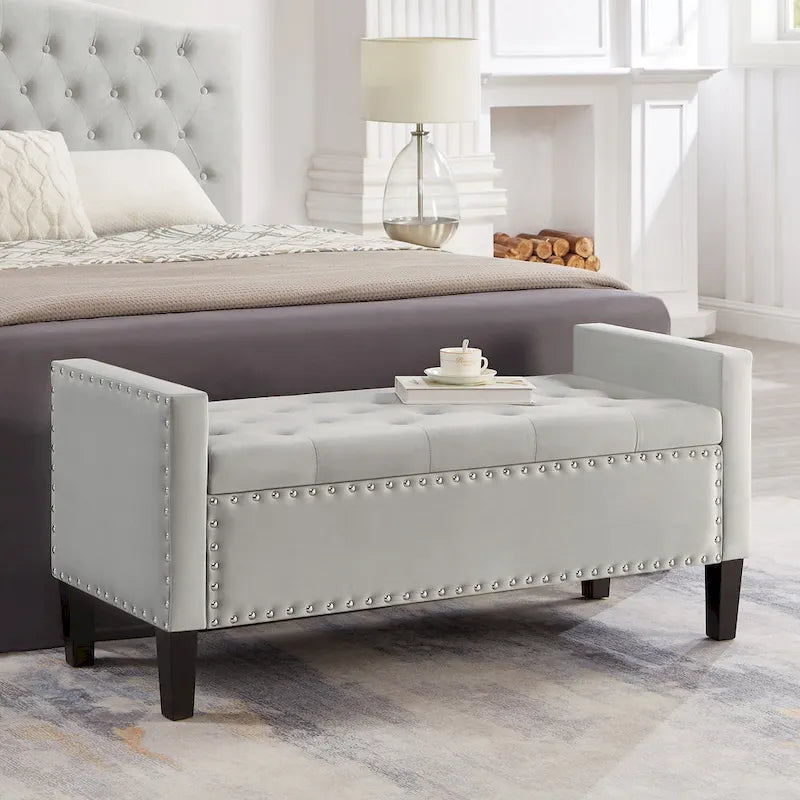 Tufted Storage Bench with Nailhead Trim and Arms