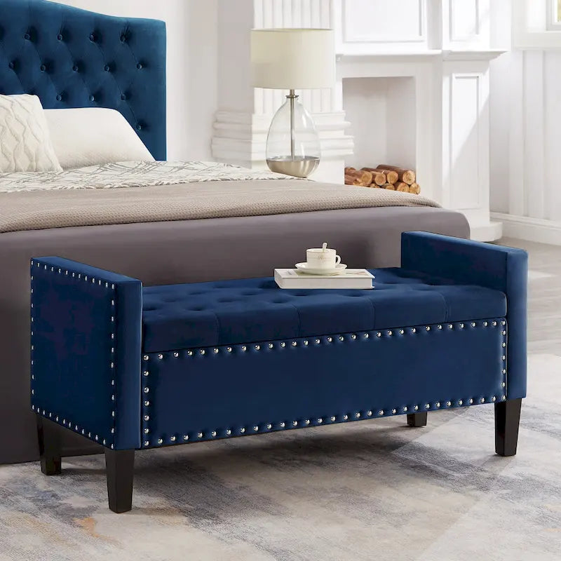 Tufted Storage Bench with Nailhead Trim and Arms
