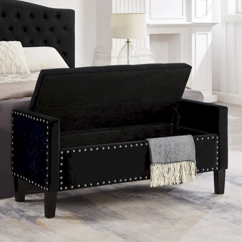 Tufted Storage Bench with Nailhead Trim and Arms