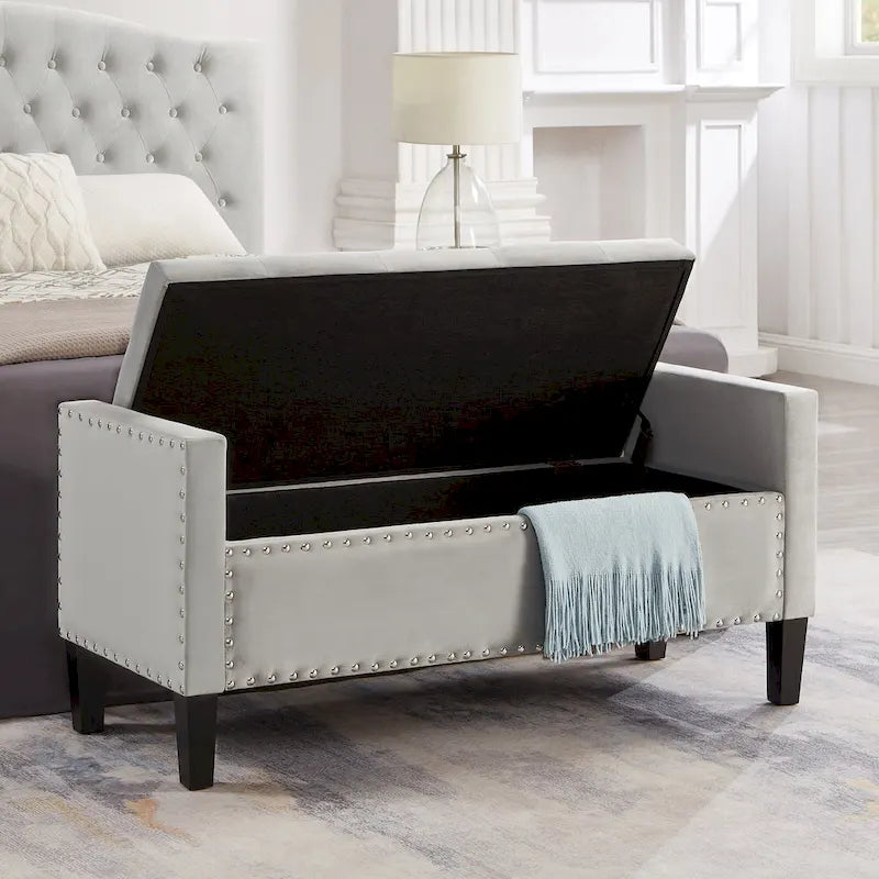 Tufted Storage Bench with Nailhead Trim and Arms