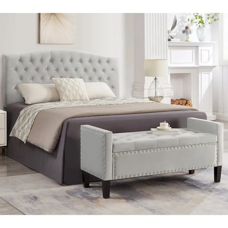 Tufted Storage Bench with Nailhead Trim and Arms