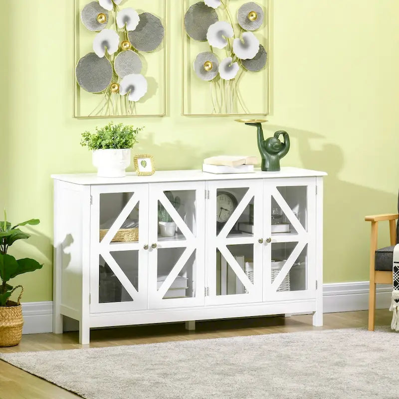 Sideboard Buffet Cabinet with 4 Tempered Glass Doors and Adjustable Storage Shelf, White