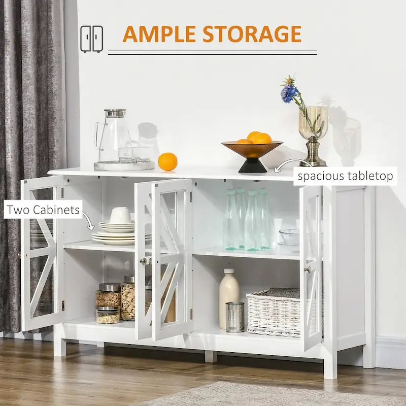 Sideboard Buffet Cabinet with 4 Tempered Glass Doors and Adjustable Storage Shelf, White