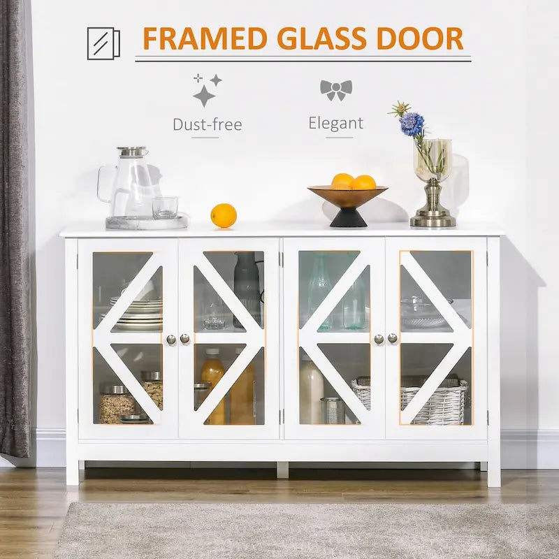 Sideboard Buffet Cabinet with 4 Tempered Glass Doors and Adjustable Storage Shelf, White