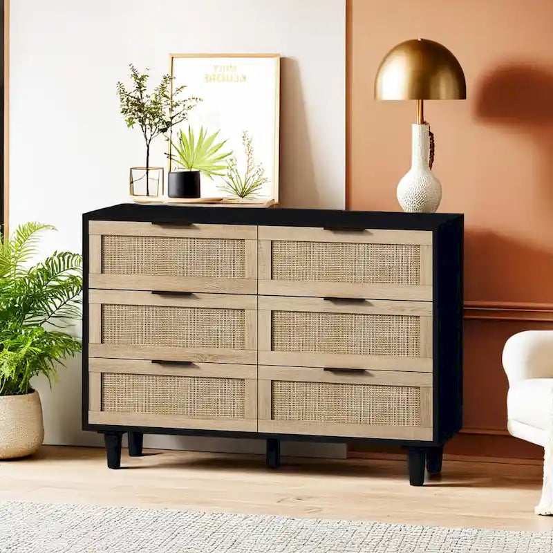 Storage Cabinet with Rattan Doors for Bedroom & Living Room