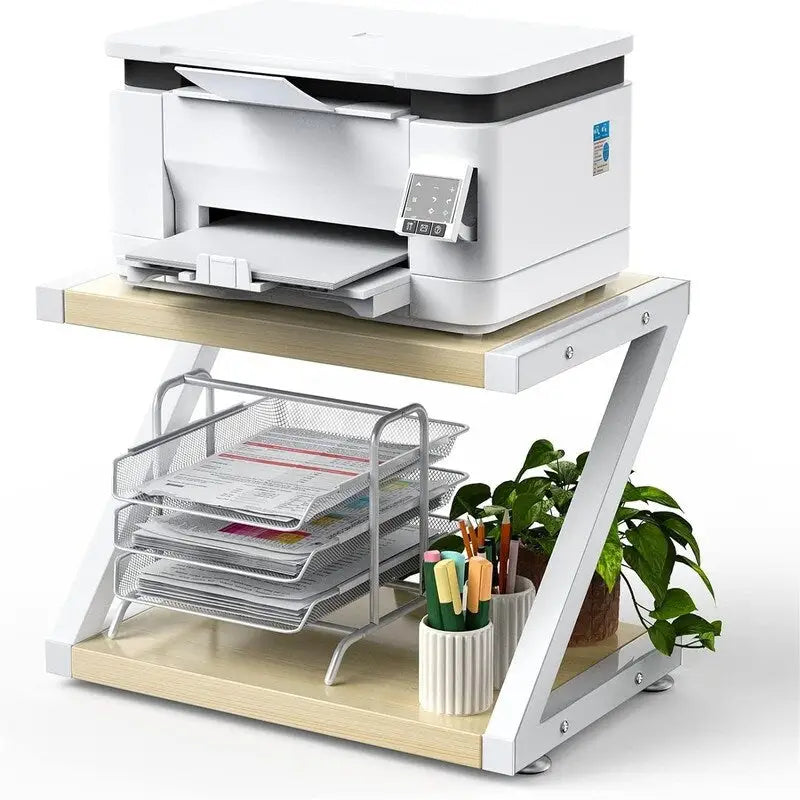 Desktop Printer Stand with 2-Tier Wood Storage Shelves