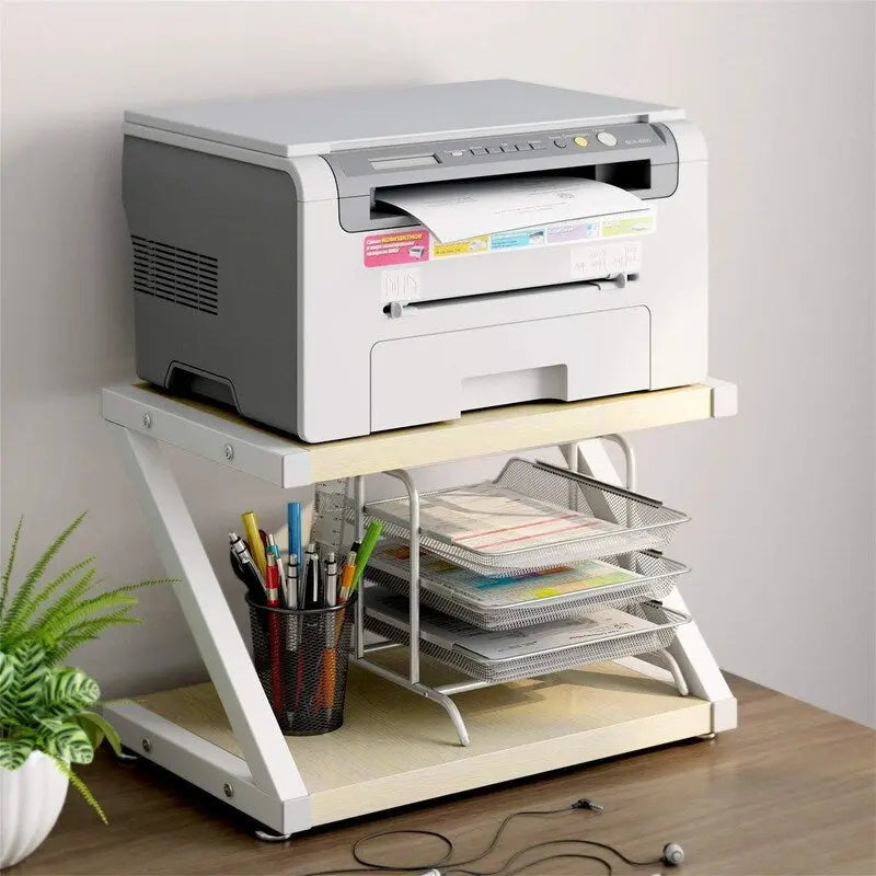 Desktop Printer Stand with 2-Tier Wood Storage Shelves