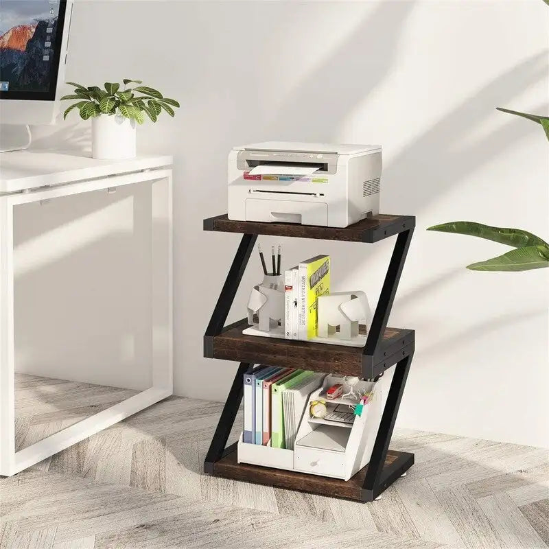 Desktop Printer Stand with 2-Tier Wood Storage Shelves
