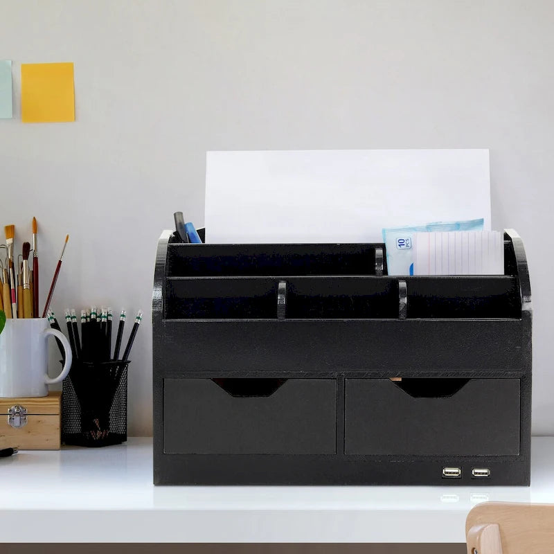8-Compartment Desk Organizer with USB Charging - Black