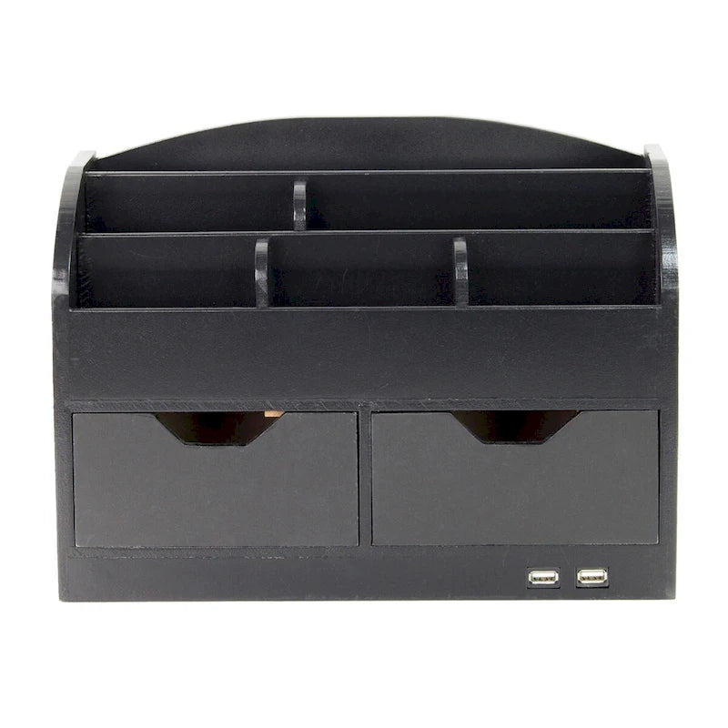 8-Compartment Desk Organizer with USB Charging - Black