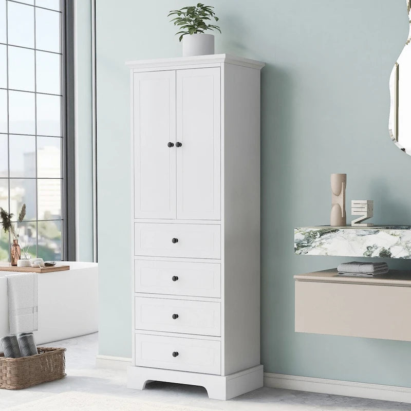 Storage Cabinet with 2 Doors and 4 Drawers, Adjustable Shelf, Painted Finish