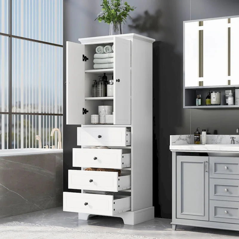 Storage Cabinet with 2 Doors and 4 Drawers, Adjustable Shelf, Painted Finish