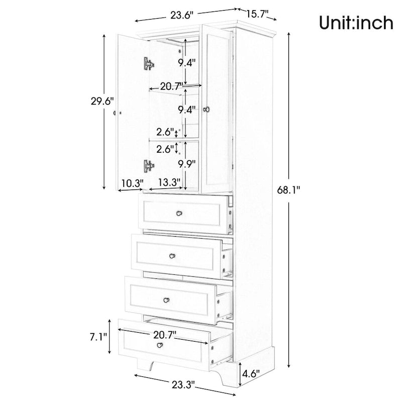 Storage Cabinet with 2 Doors and 4 Drawers, Adjustable Shelf, Painted Finish