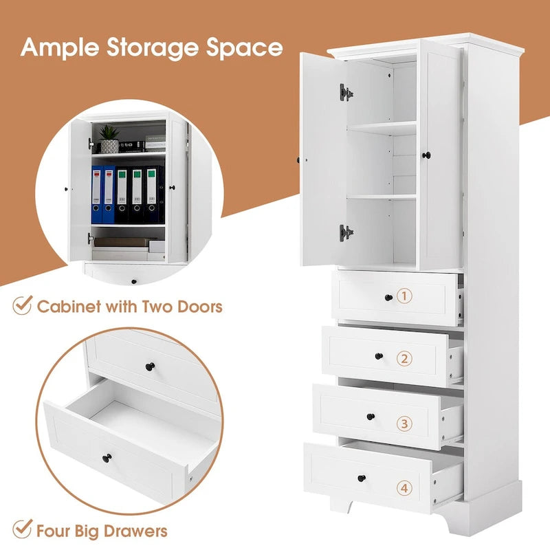 Storage Cabinet with 2 Doors and 4 Drawers, Adjustable Shelf, Painted Finish