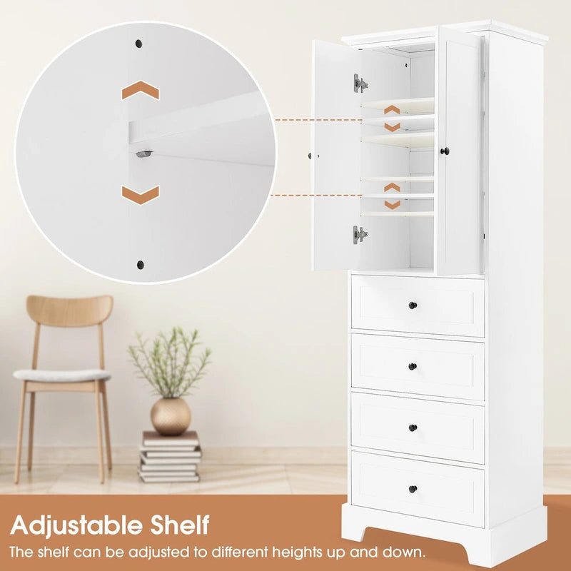 Storage Cabinet with 2 Doors and 4 Drawers, Adjustable Shelf, Painted Finish
