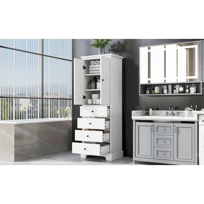Storage Cabinet with 2 Doors and 4 Drawers, Adjustable Shelf, Painted Finish