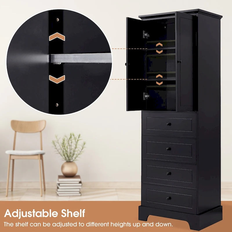 Storage Cabinet with 2 Doors and 4 Drawers, Adjustable Shelf, Painted Finish