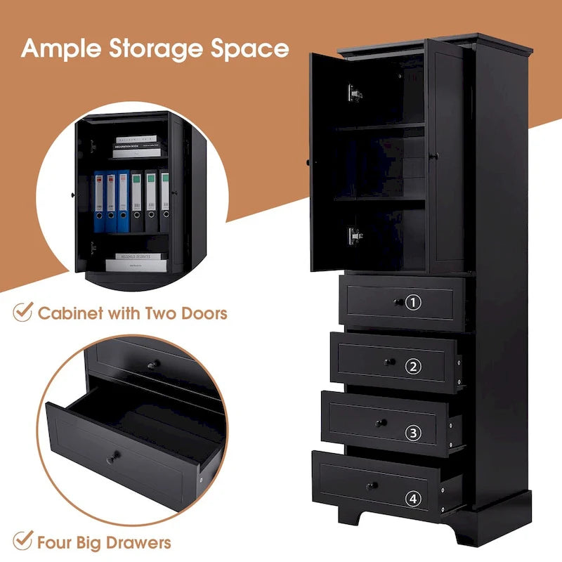 Storage Cabinet with 2 Doors and 4 Drawers, Adjustable Shelf, Painted Finish
