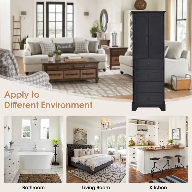 Storage Cabinet with 2 Doors and 4 Drawers, Adjustable Shelf, Painted Finish