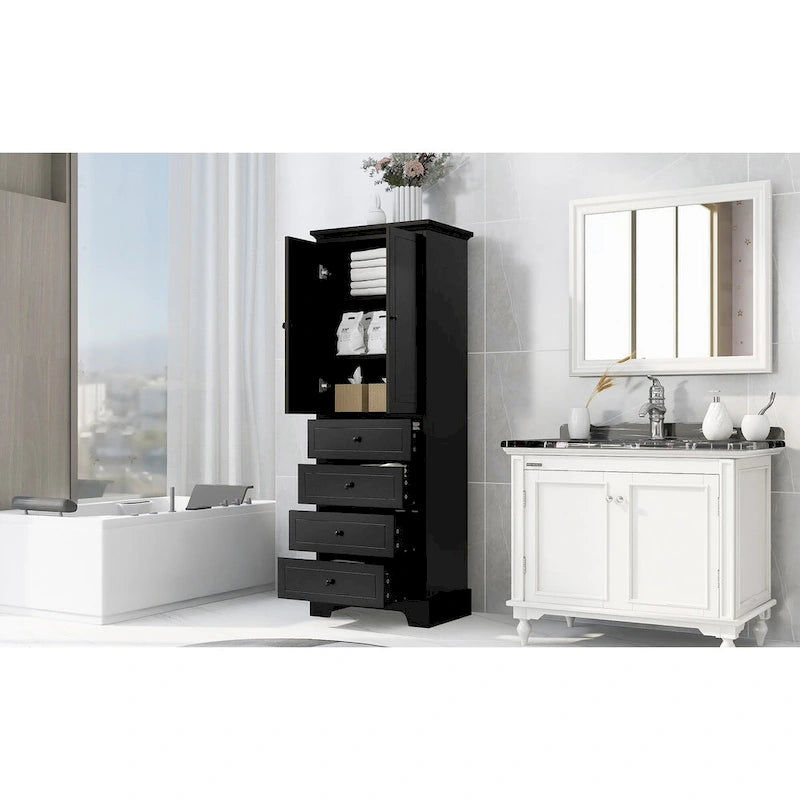 Storage Cabinet with 2 Doors and 4 Drawers, Adjustable Shelf, Painted Finish