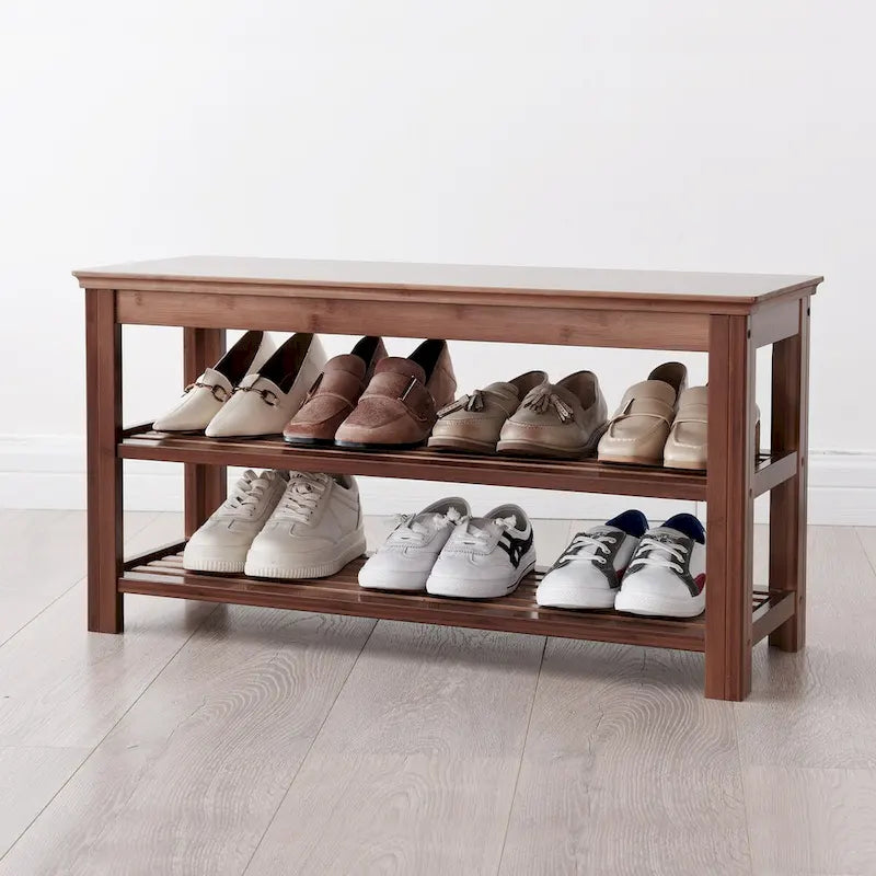 Doorway Shoe Storage Bench, Two-Tier Bamboo Bench with Open Shelves