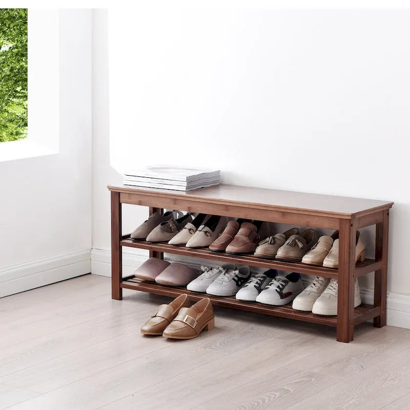 Doorway Shoe Storage Bench, Two-Tier Bamboo Bench with Open Shelves