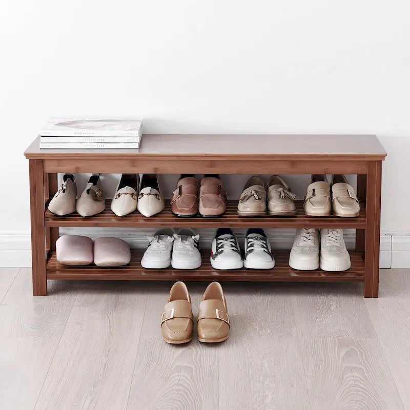Doorway Shoe Storage Bench, Two-Tier Bamboo Bench with Open Shelves
