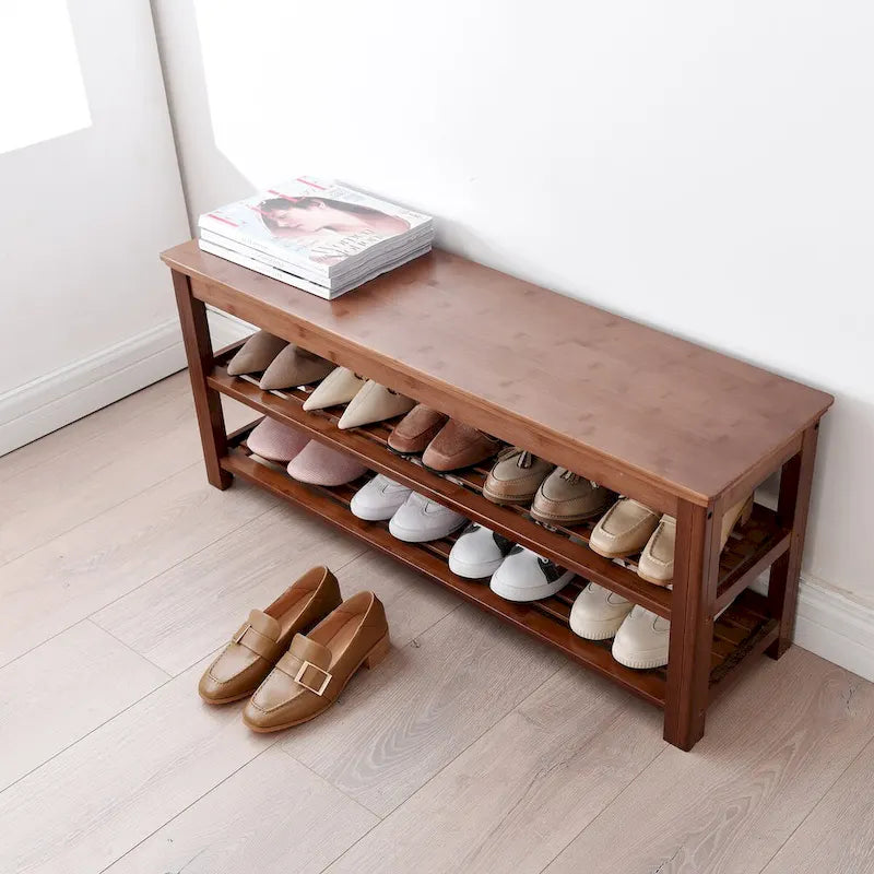 Doorway Shoe Storage Bench, Two-Tier Bamboo Bench with Open Shelves