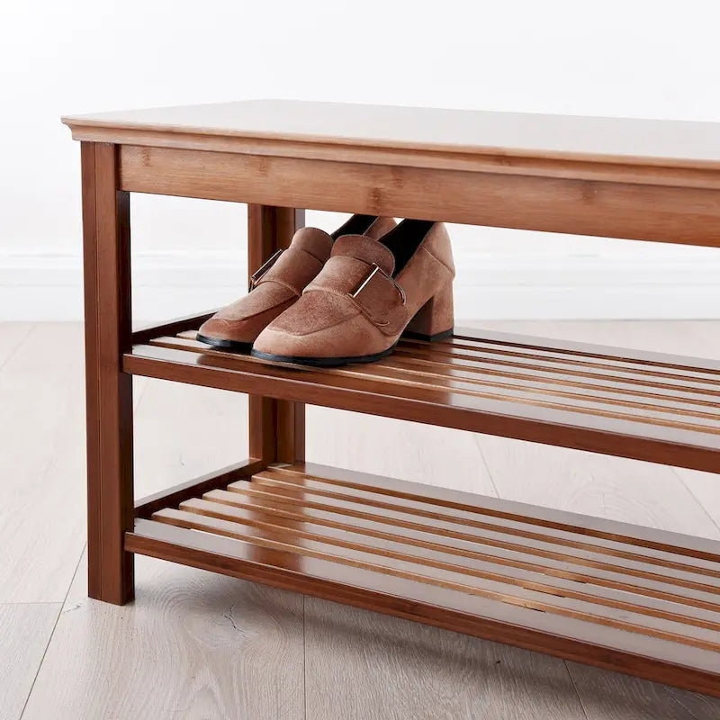 Doorway Shoe Storage Bench, Two-Tier Bamboo Bench with Open Shelves