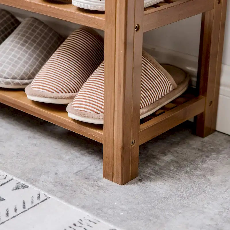 Doorway Shoe Storage Bench, Two-Tier Bamboo Bench with Open Shelves