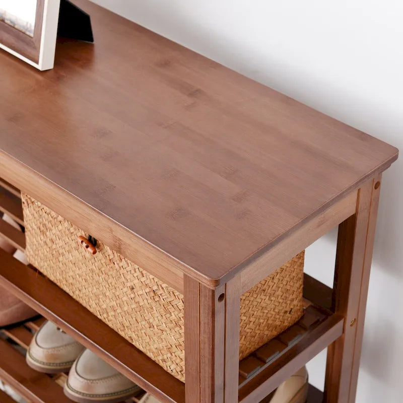Doorway Shoe Storage Bench, Two-Tier Bamboo Bench with Open Shelves