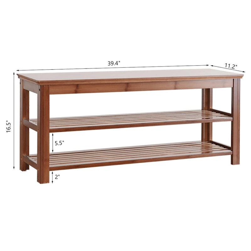 Doorway Shoe Storage Bench, Two-Tier Bamboo Bench with Open Shelves