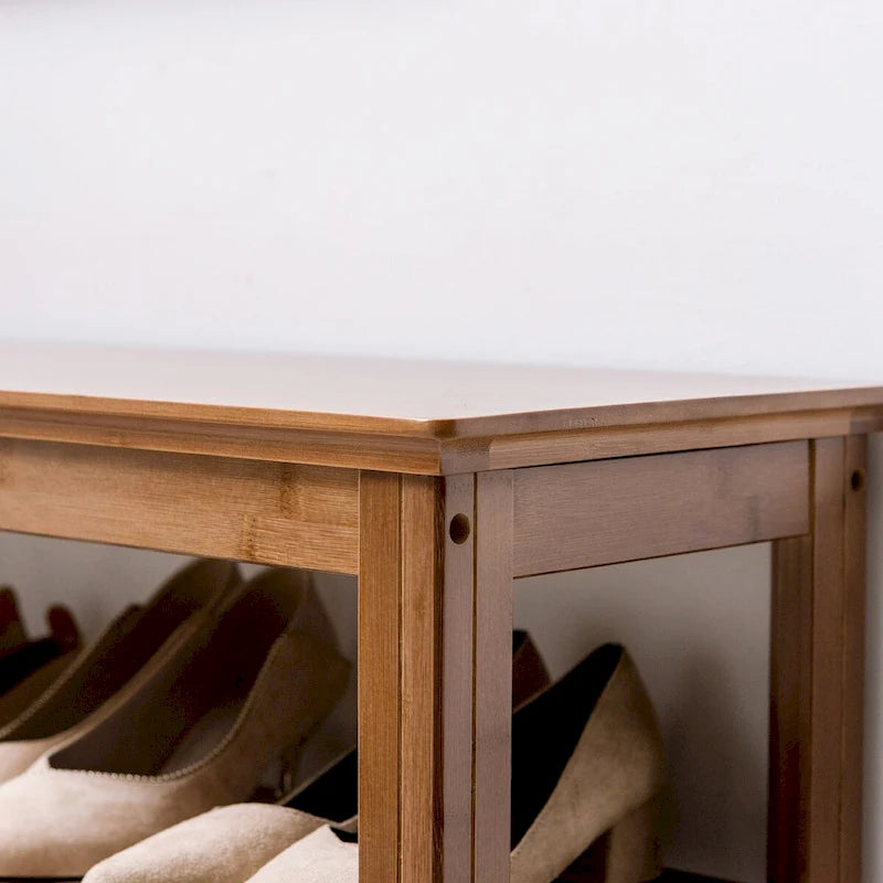 Doorway Shoe Storage Bench, Two-Tier Bamboo Bench with Open Shelves