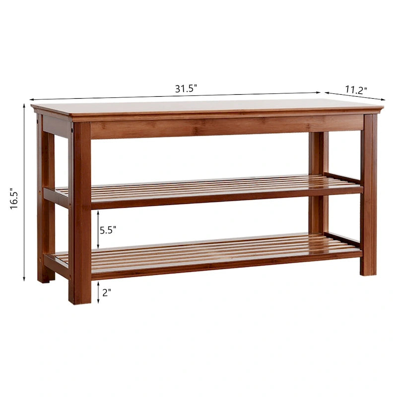 Doorway Shoe Storage Bench, Two-Tier Bamboo Bench with Open Shelves