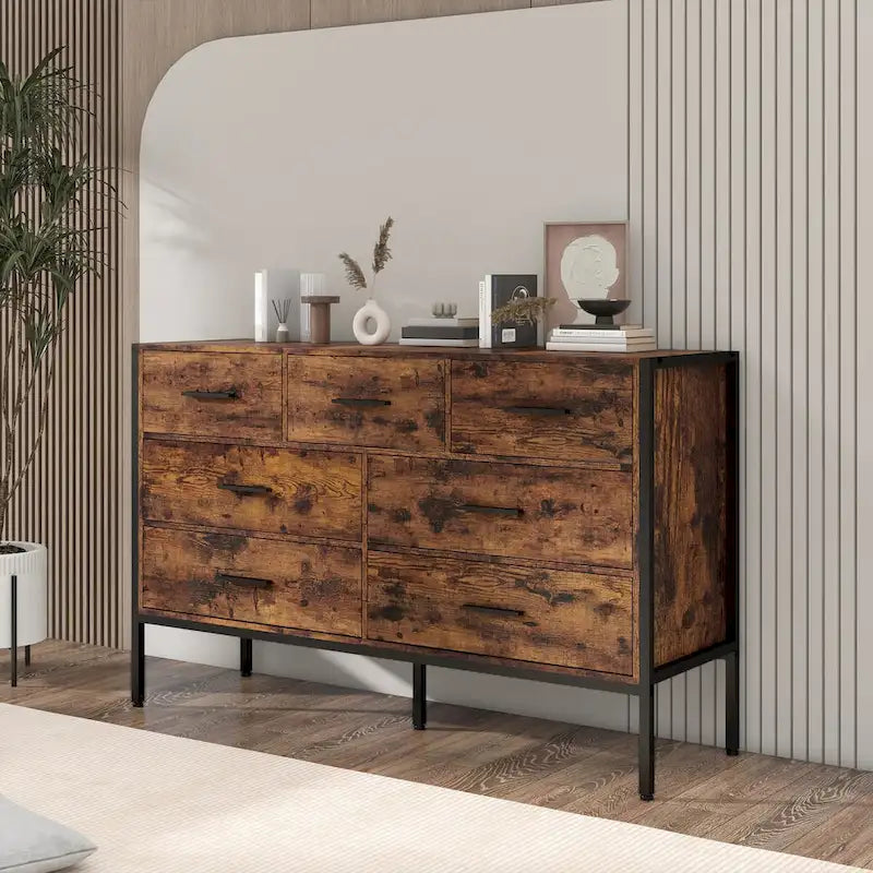 48" Wood Storage Dresser with 7 Drawers | Solid Clothes Cabinet with Steel Frame | Rustic Brown