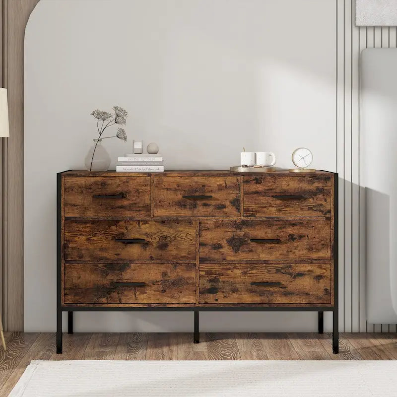 48" Wood Storage Dresser with 7 Drawers | Solid Clothes Cabinet with Steel Frame | Rustic Brown