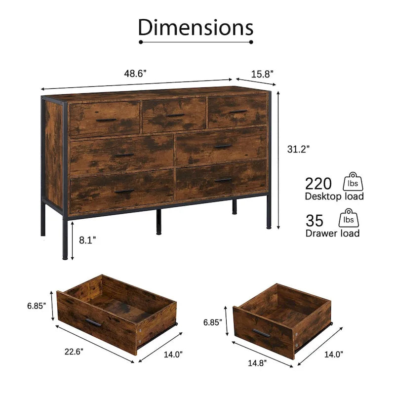 48" Wood Storage Dresser with 7 Drawers | Solid Clothes Cabinet with Steel Frame | Rustic Brown