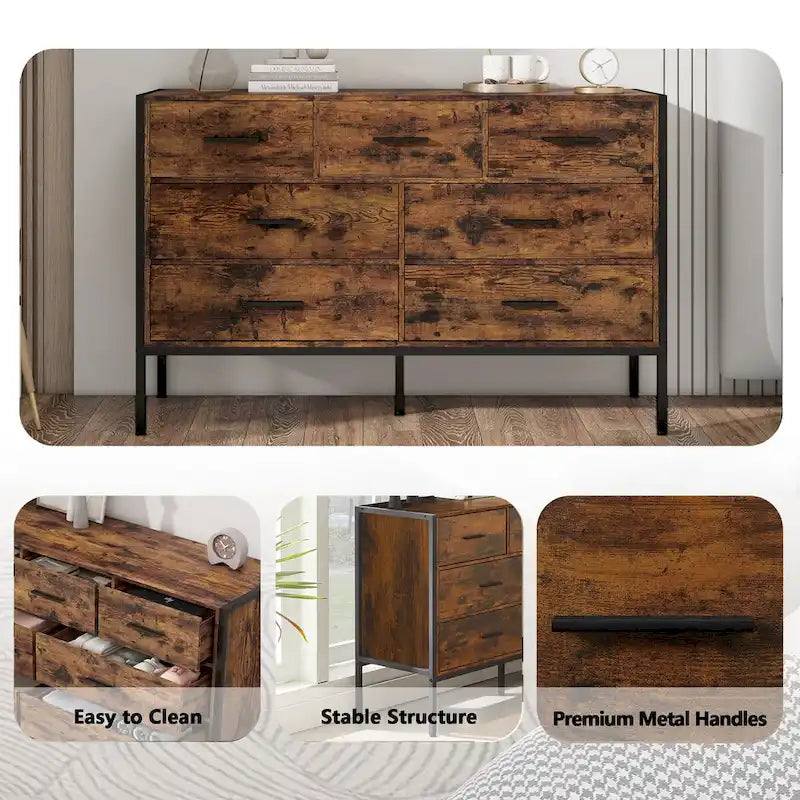 48" Wood Storage Dresser with 7 Drawers | Solid Clothes Cabinet with Steel Frame | Rustic Brown