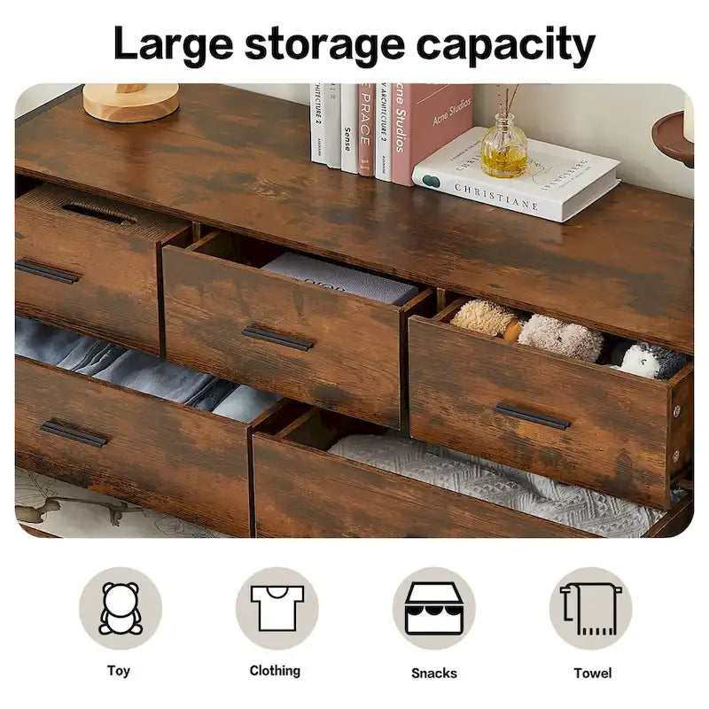 48" Wood Storage Dresser with 7 Drawers | Solid Clothes Cabinet with Steel Frame | Rustic Brown